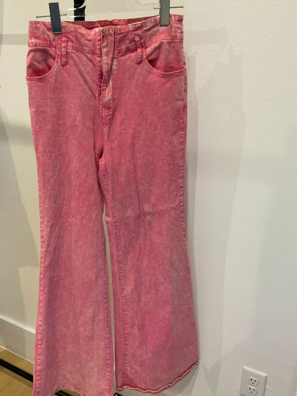 💖 Flying Tomato Pink High Rise Flare Jean Acid Washed Pink Denim Pants Large 💖 - Picture 2 of 7